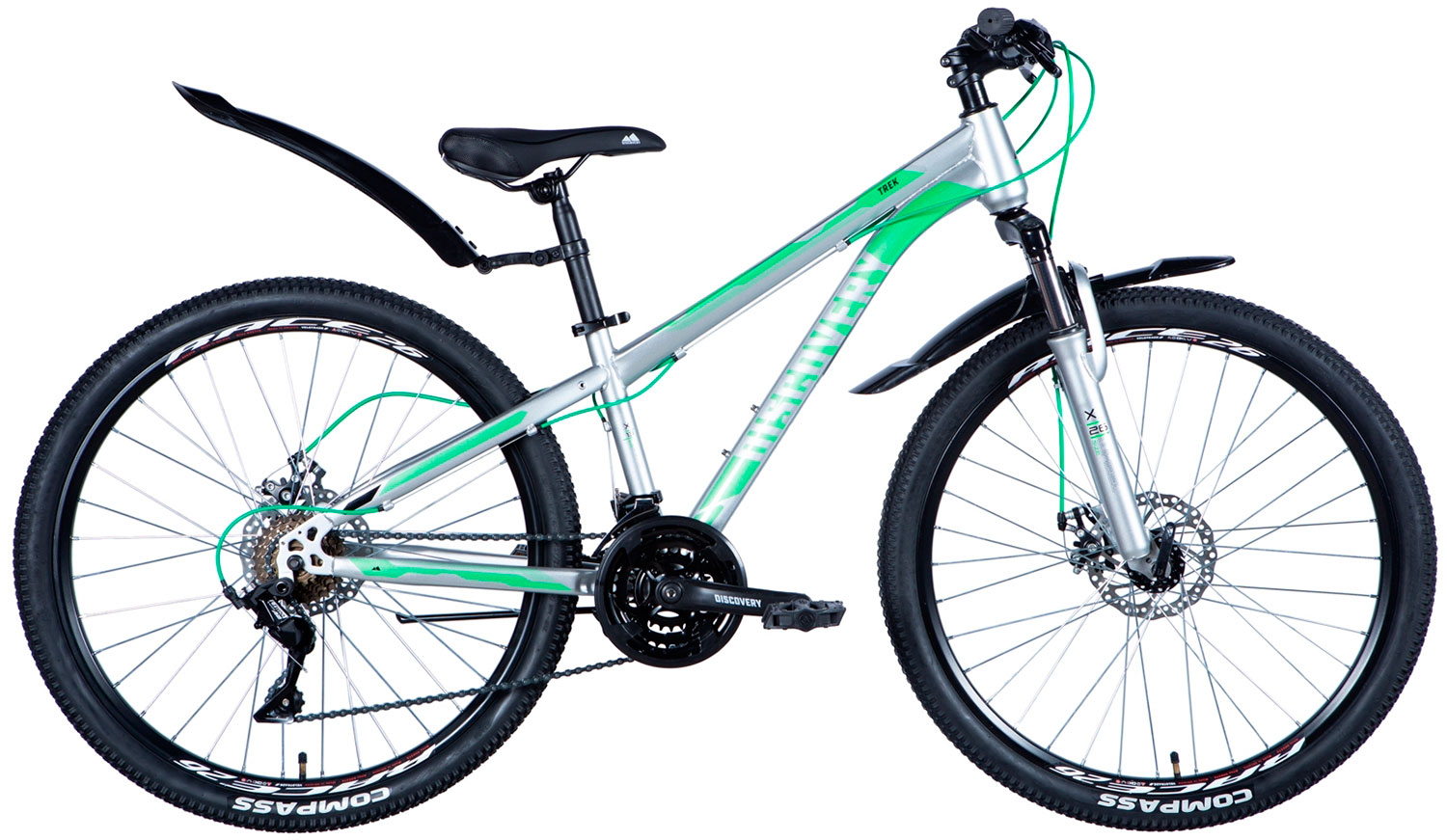 Фотография Велосипед Discovery TREK AM DD 26" размер S рама 15" 2024 Серебристо-зеленый